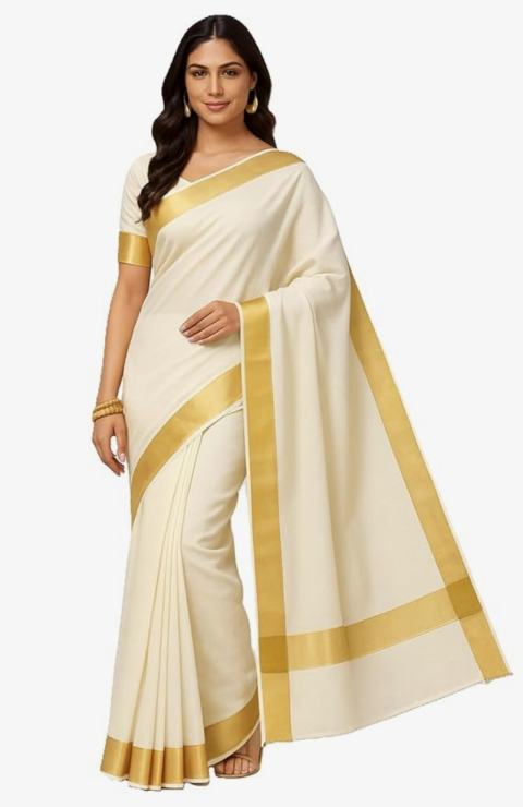 Kerala Kasavu Cotton Chanderi Saree with Blouse Piece Off White & Gold Border Traditional Onam, Vishu & Wedding Saree for Women