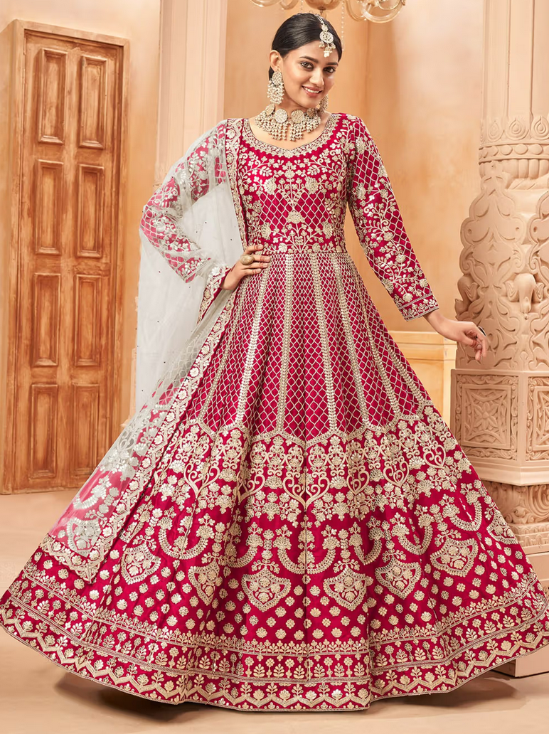 Pink Art Silk Embroidered Semi Stitched Dress Material