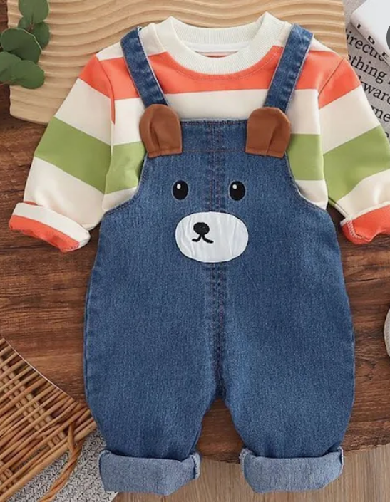 POP STREET KIDS Cotton Knit Teddy Bear Designed Dungaree With Full Sleeves Rugby Striped Light Winter Sweatshirt Set